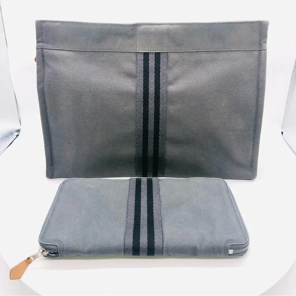 Authentic Hermes Fourre Tout Canvas Clutch Bag and Wallet Organizer Set EUC